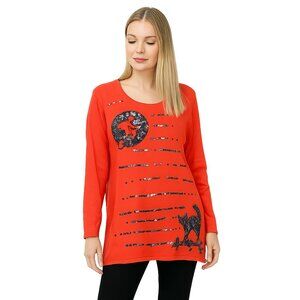 2/$30 Quacker Factory Sequin Cat Ugly Christmas Sweater Orange Large #A0229 TRB2